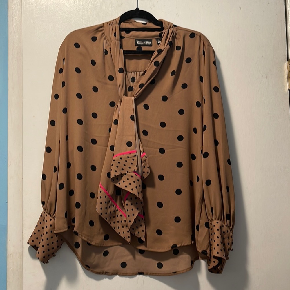 Long sleeve brown and black polkadot blouse